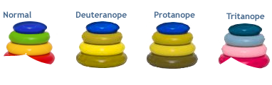 Four color vision types shown side by side: Normal vision, Deuteranope (green deficiency), Protanope (red deficiency), and Tritanope (blue deficiency)